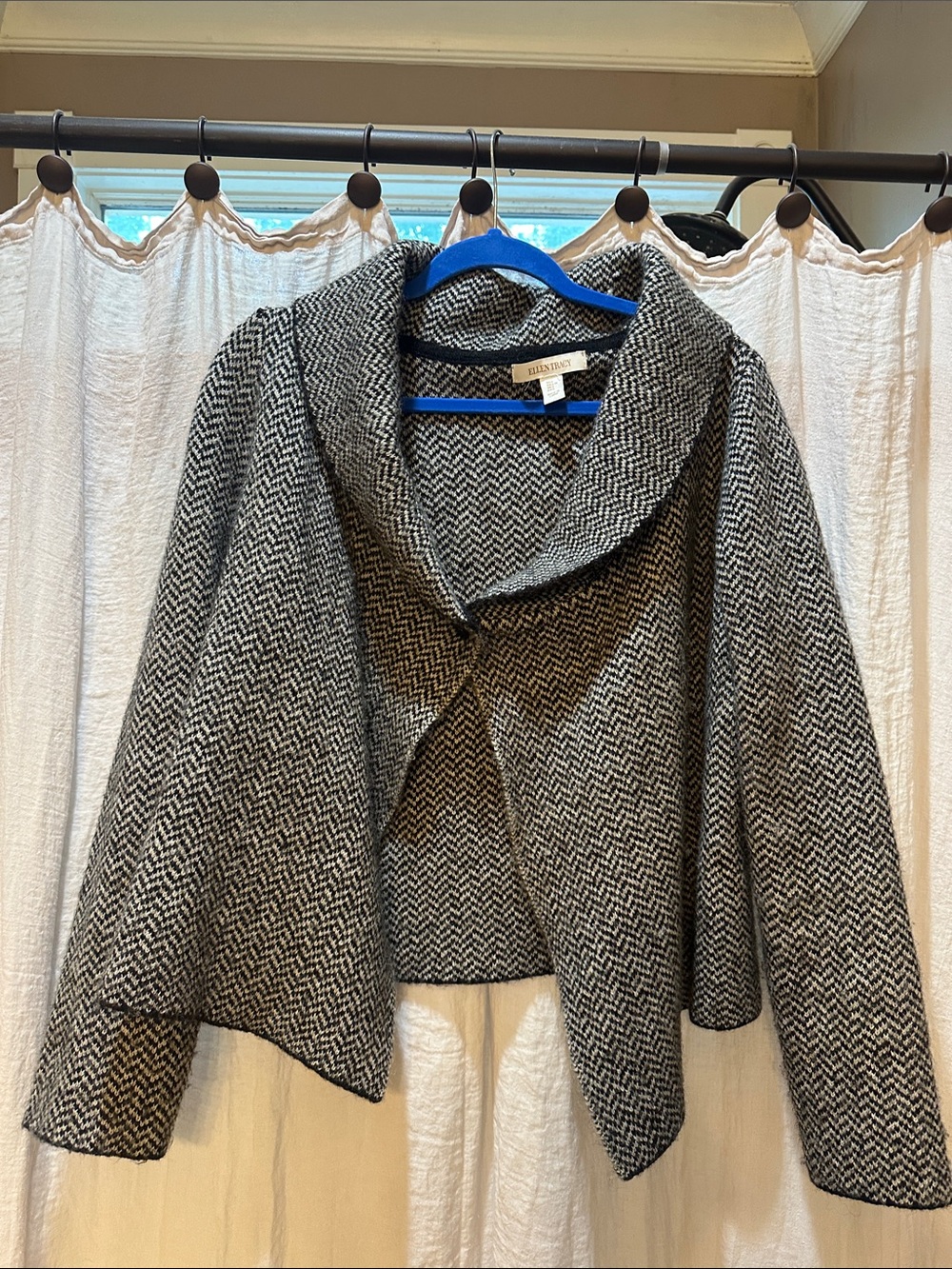 Ellen Tracy Black & White Herringbone Draped-Collar Cardigan